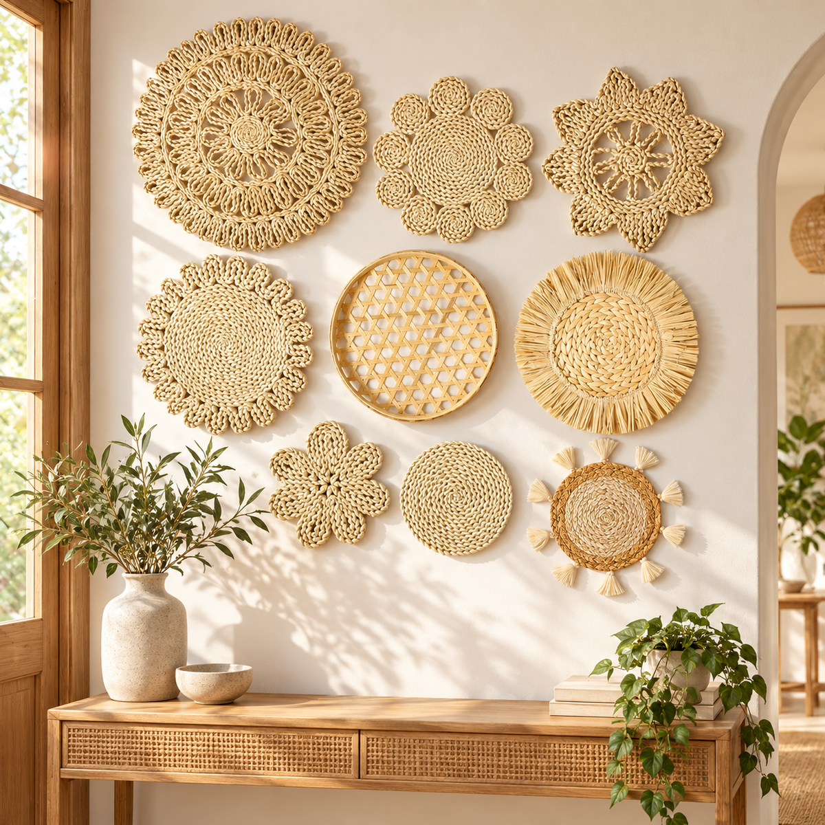 Natural floral and bamboo basket wall art in an entryway