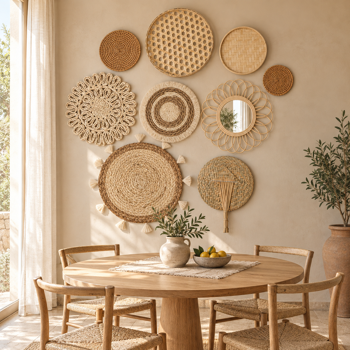 Natural woven wall decor set in an asymmetric dining room arrangement