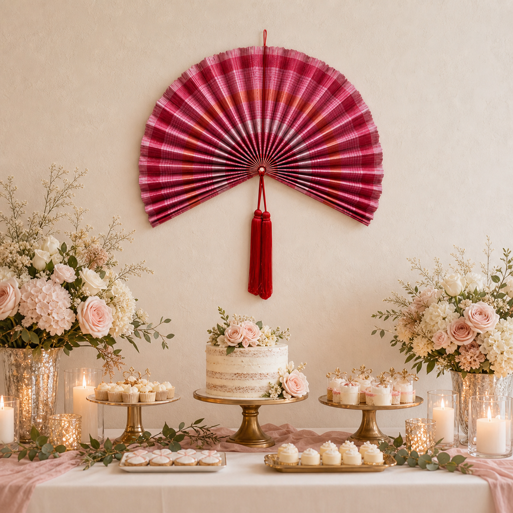 Large 30" Handcrafted Bamboo Folding Fan Wall Decor - Red Pink