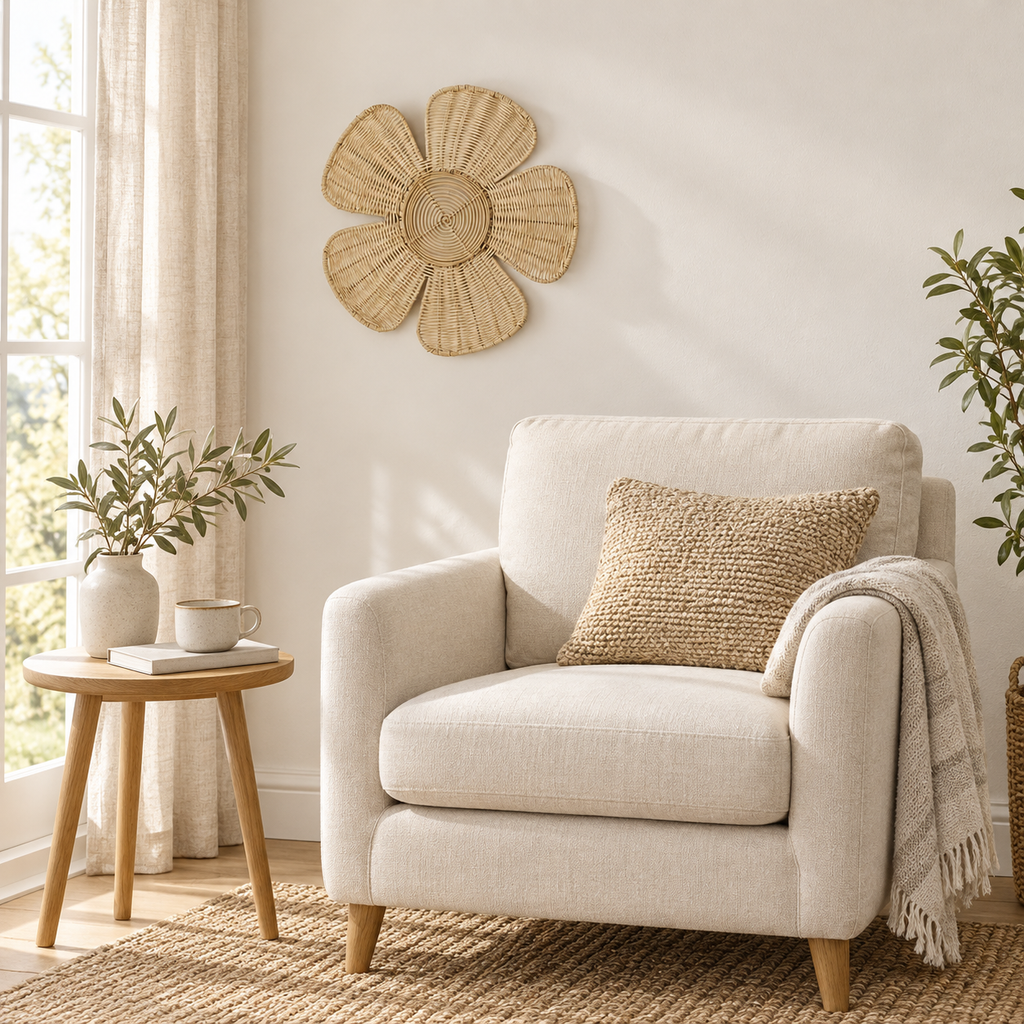 Style 1 dense weave rattan flower wall decor beside a reading chair