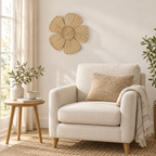 Style 1 dense weave rattan flower wall decor beside a reading chair