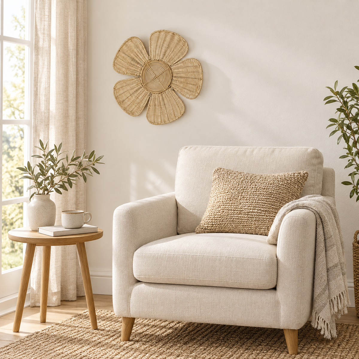 Style 1 dense weave rattan flower wall decor beside a reading chair