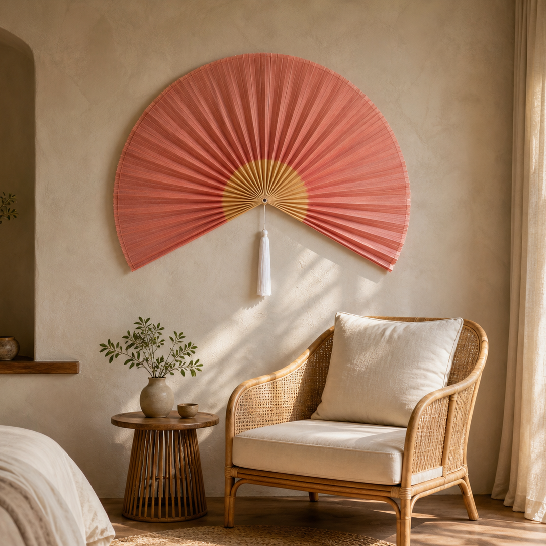 Pink Coral Handwoven Wall Fan with White Tassels