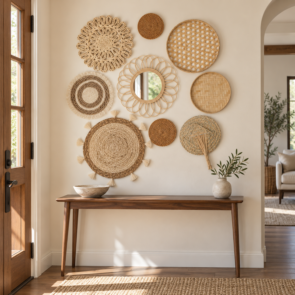 Nine-piece woven wall decor with mirror in a vertical entryway arrangement