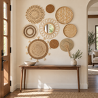 Nine-piece woven wall decor with mirror in a vertical entryway arrangement