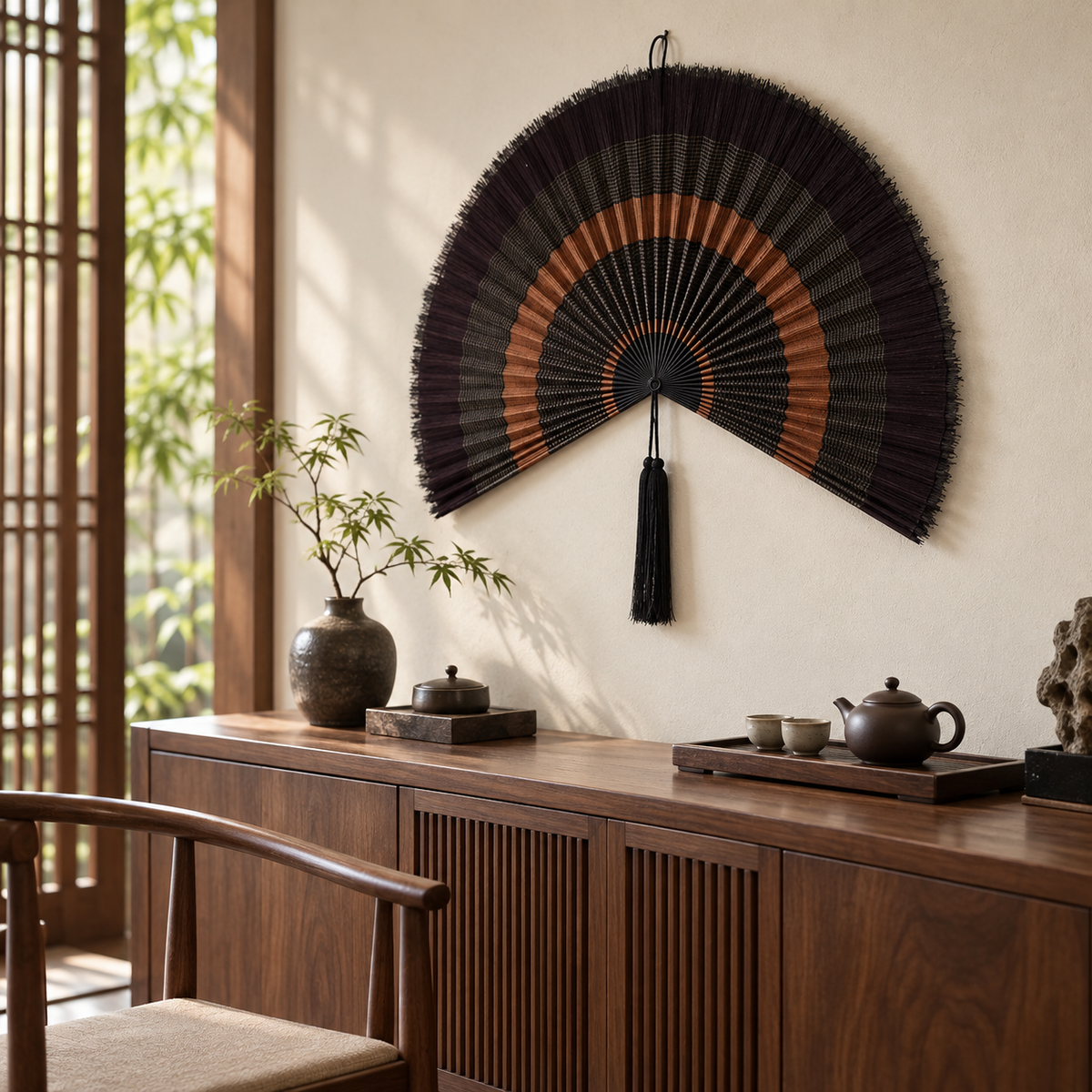 Black woven wall fan with tassel shown from the side in a tea room