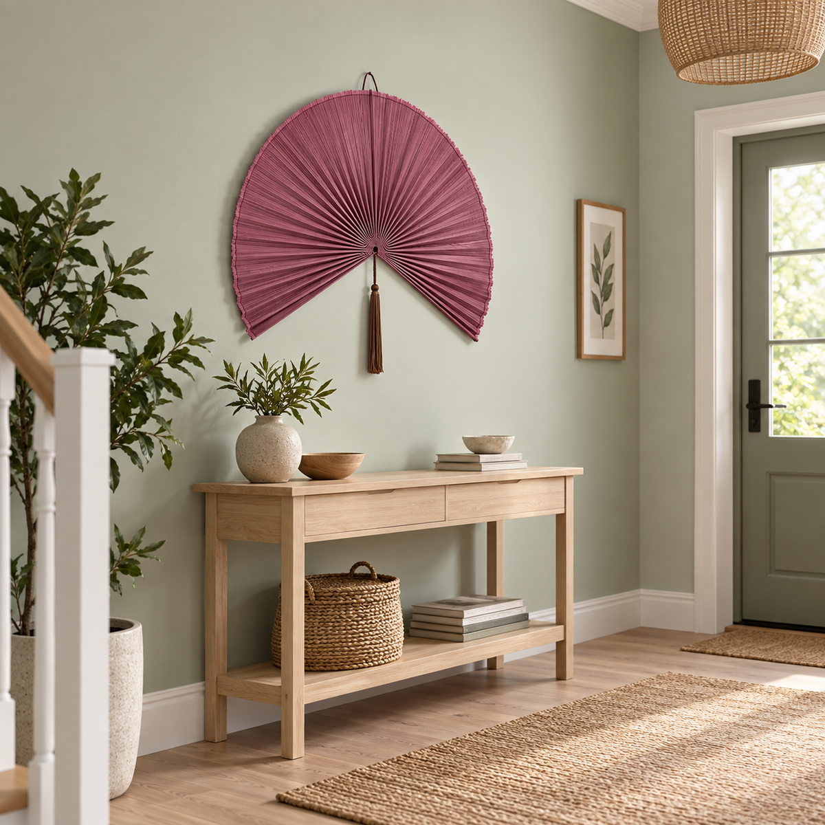 Mauve Rose woven wall fan shown from an angled view