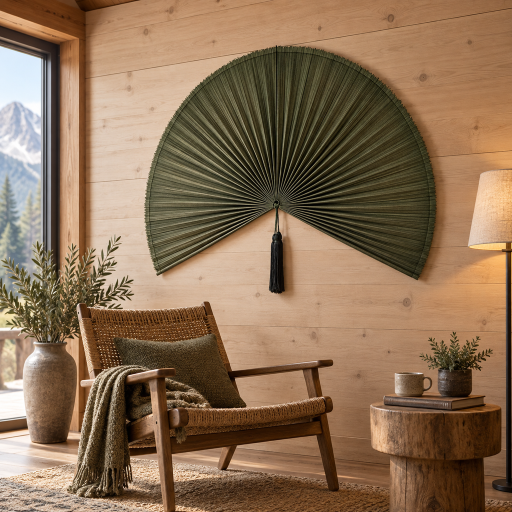 Dark Olive Green woven wall fan shown from an angled view