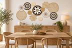 Mixed texture woven wall basket set in a dining room