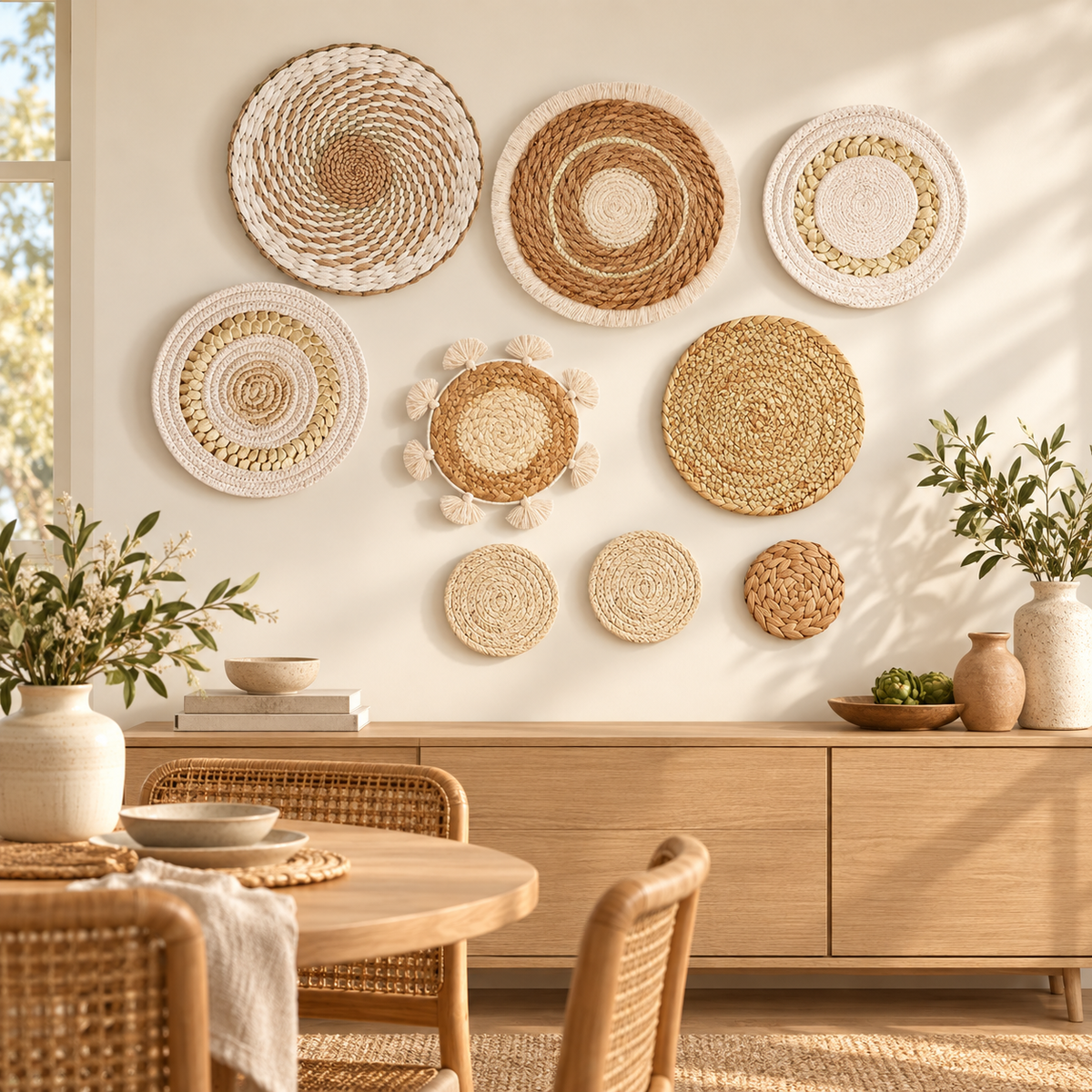 Neutral woven wall basket set displayed in a dining room