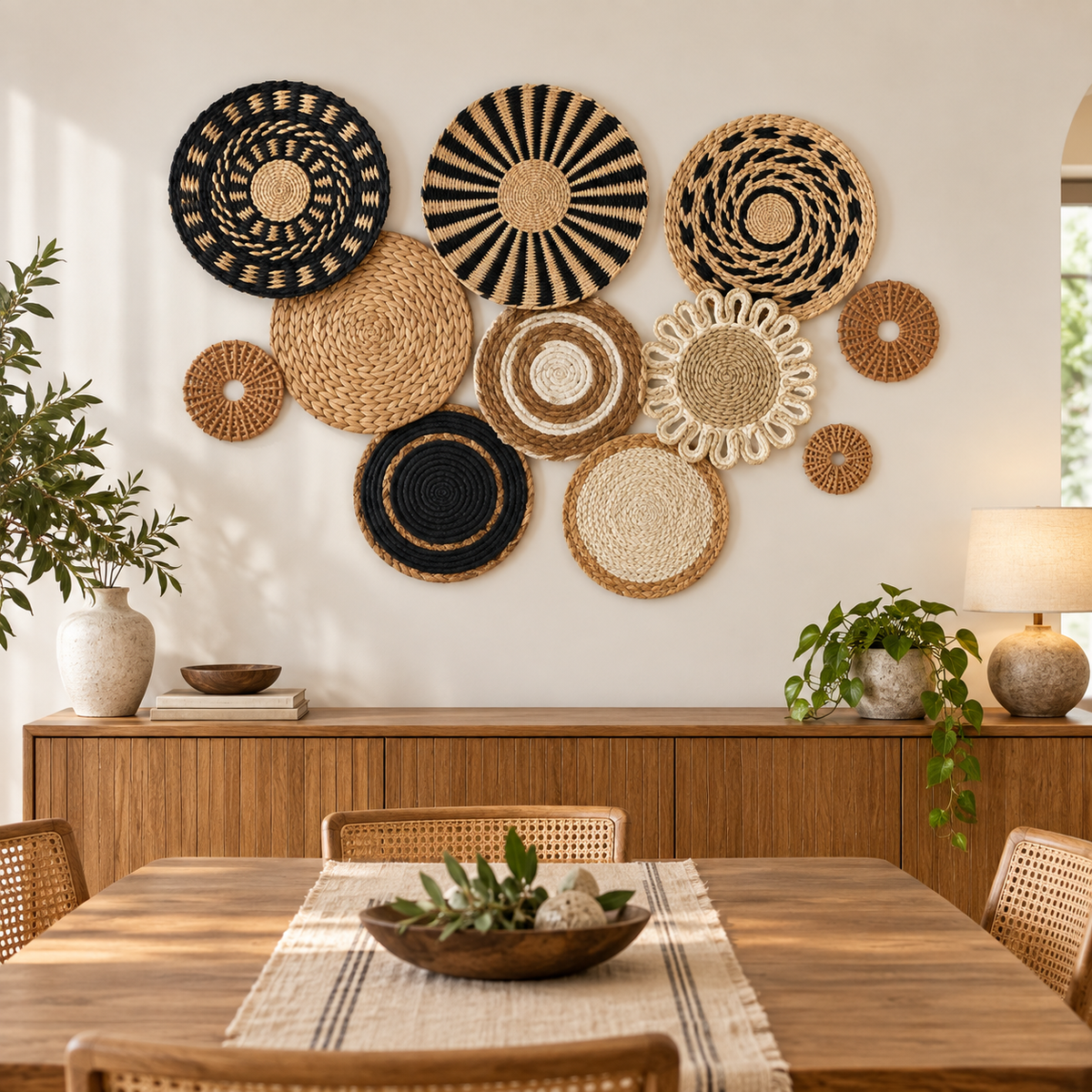 Black geometric basket wall set in a dining room