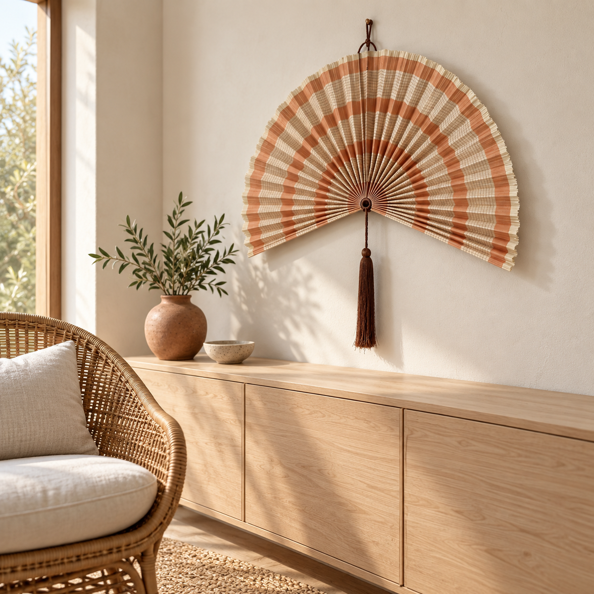 Angled view of orange striped woven fan with brown tassel