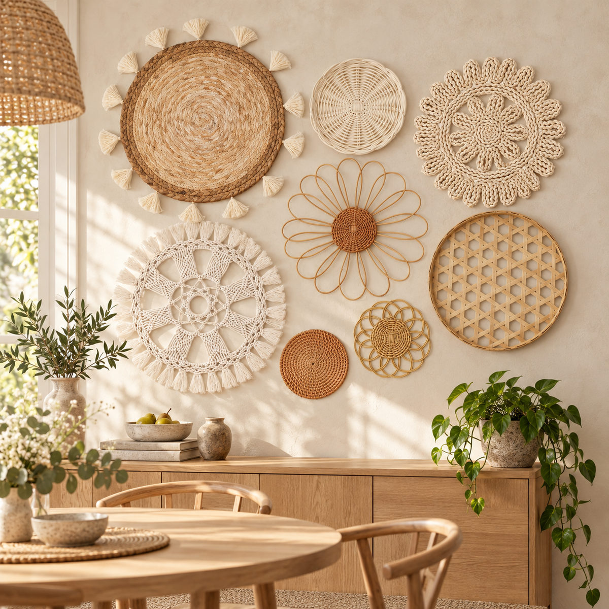 Natural floral woven wall basket set displayed in a dining room