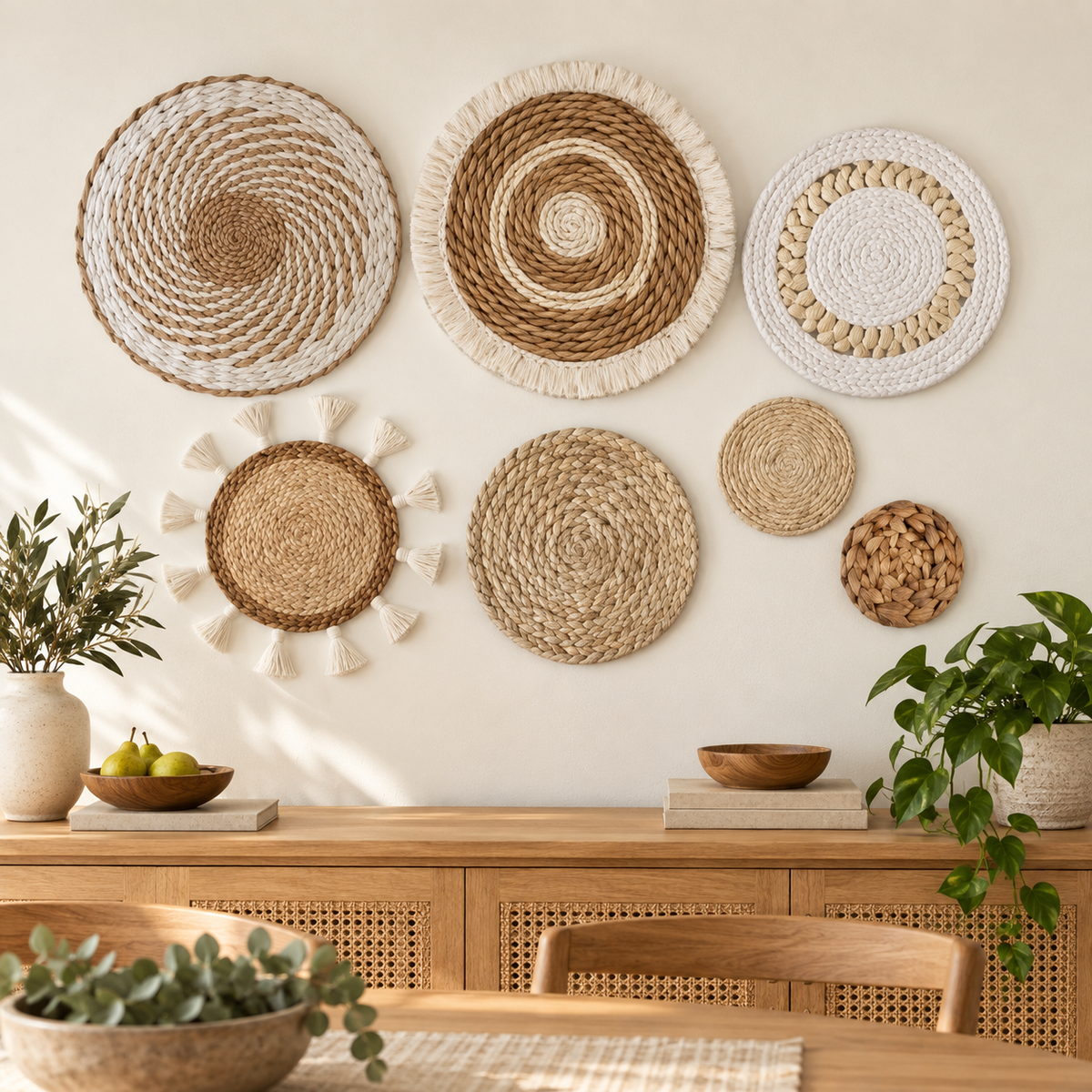 Seven-piece woven wall basket set displayed in a dining room