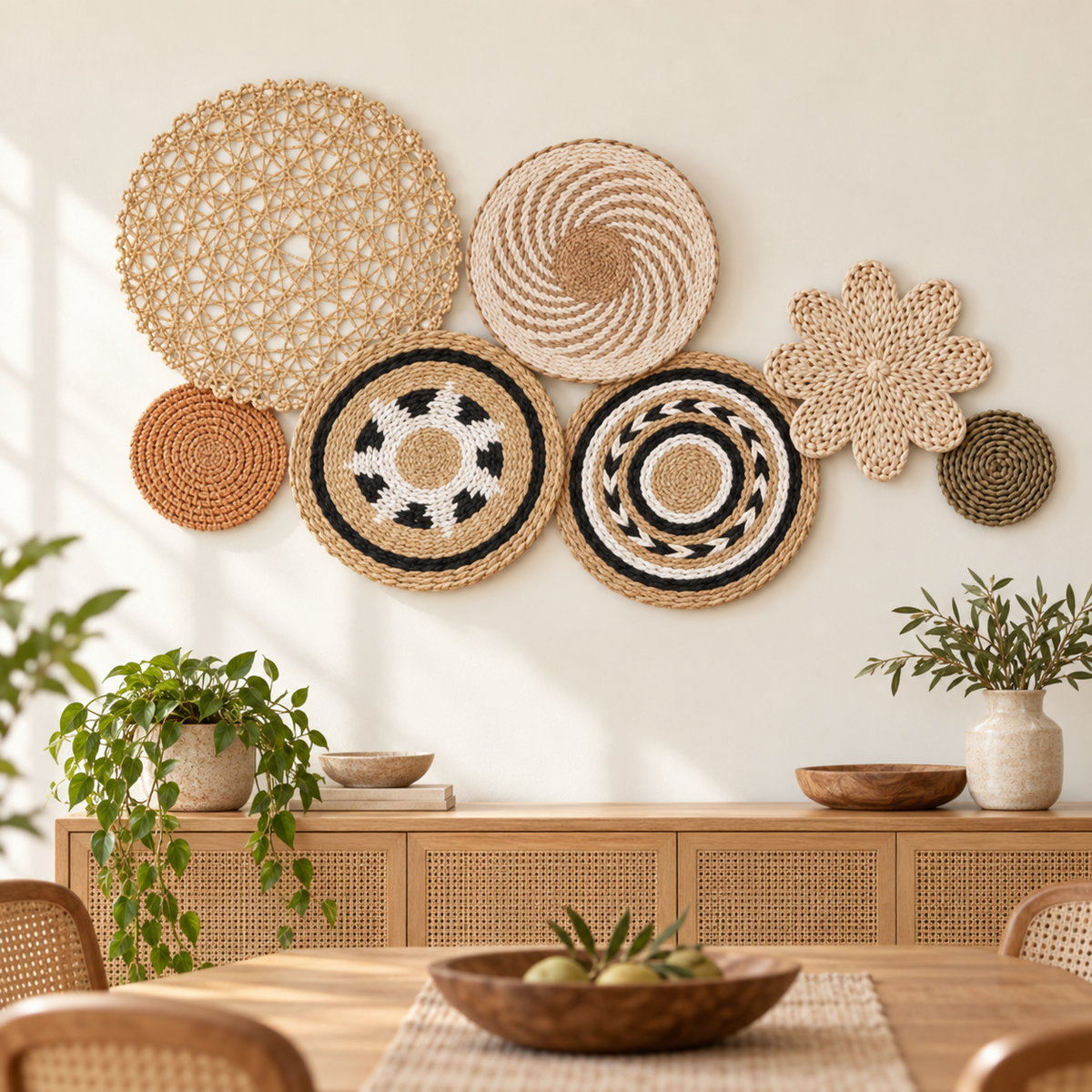 Black and white woven wall basket set displayed in a dining room