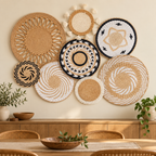 Geometric woven wall basket set displayed in a dining room