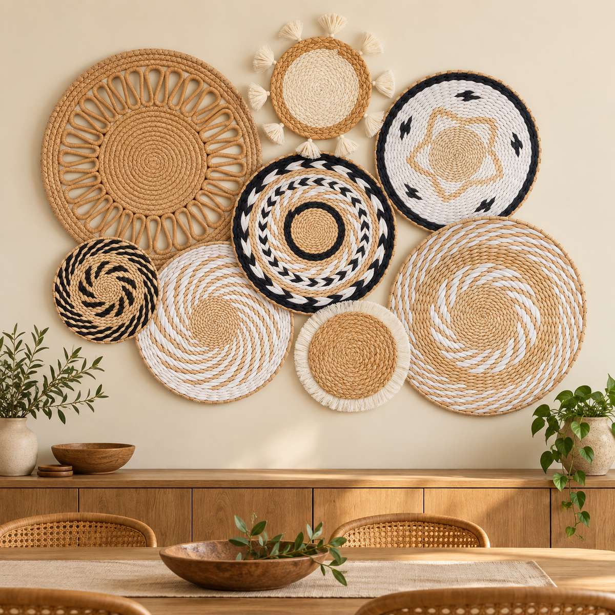 Geometric woven wall basket set displayed in a dining room