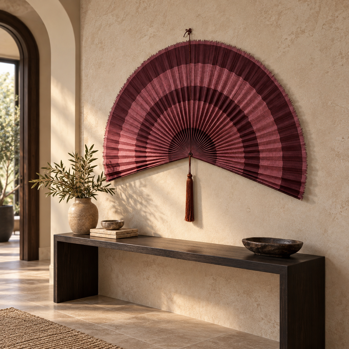 Burgundy & Dusty Pink Striped woven wall fan shown from an angled view