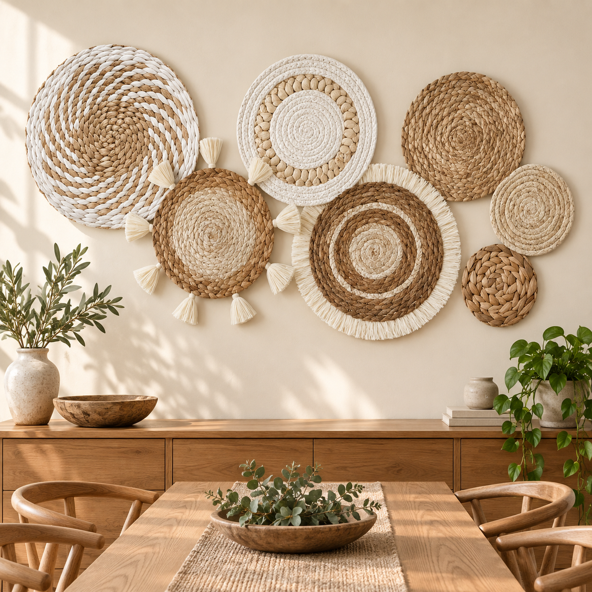 Neutral woven wall basket set displayed in a dining room