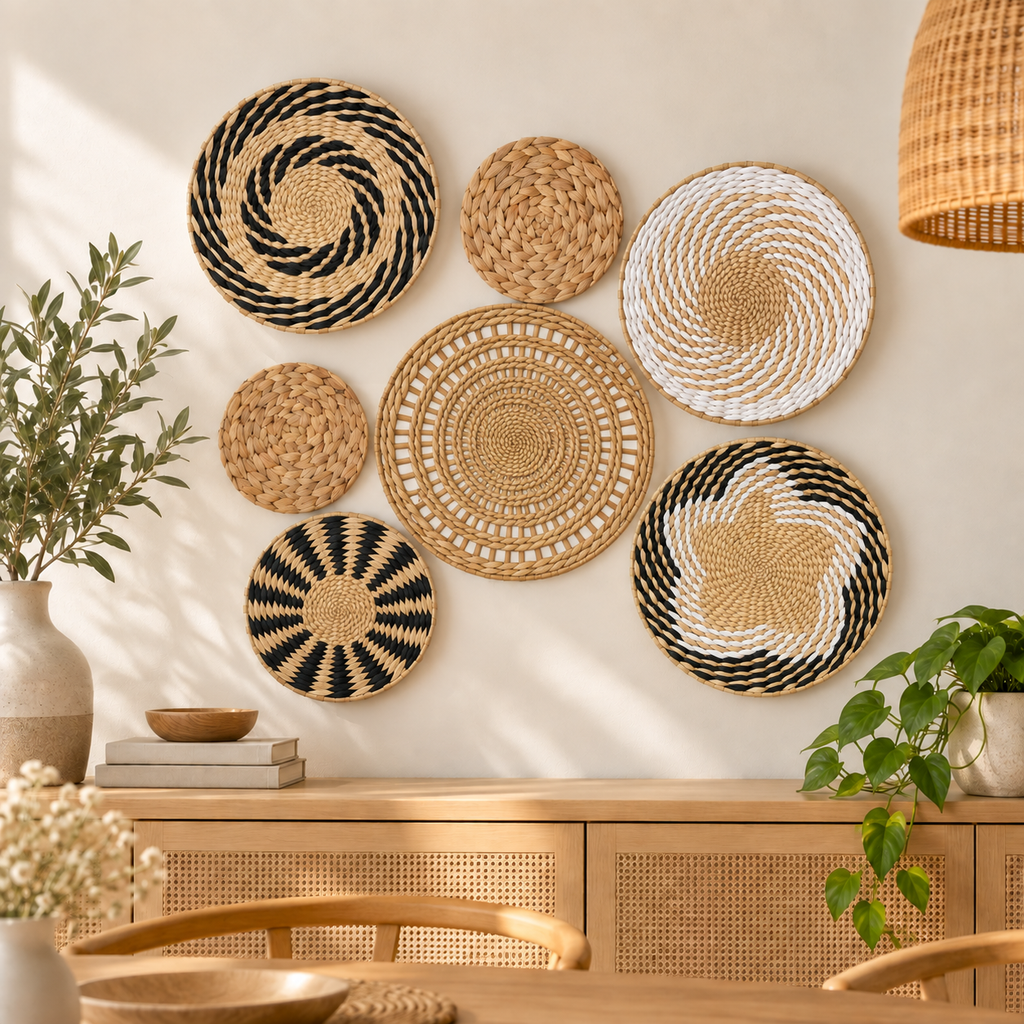 7-Piece Woven Wall Basket Set - Boho Black and White Wall Decor image 7