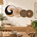 Four-piece woven wall basket set displayed in a dining room