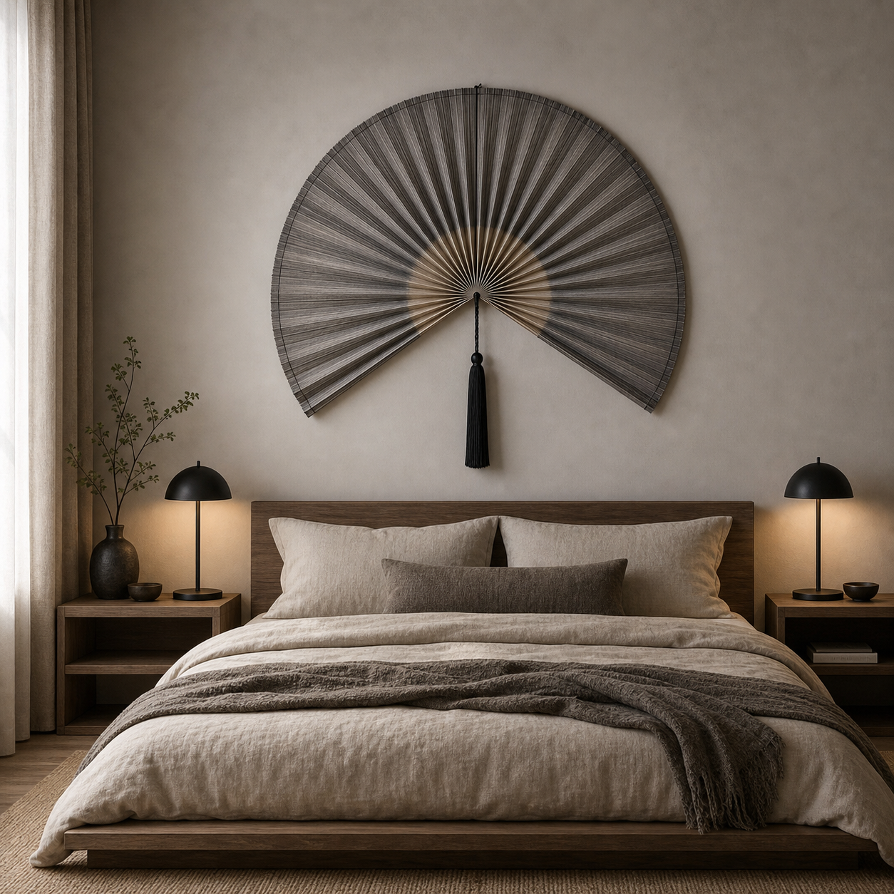 Taupe Gray Handwoven Bamboo Wall Fan with Black Tassels