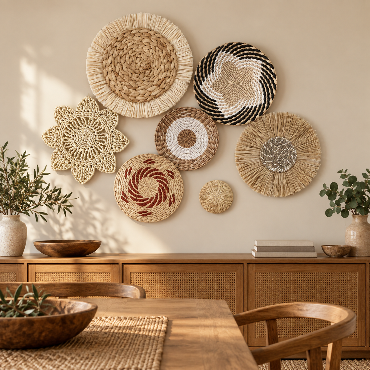 Multicolor woven wall basket set displayed in a dining room