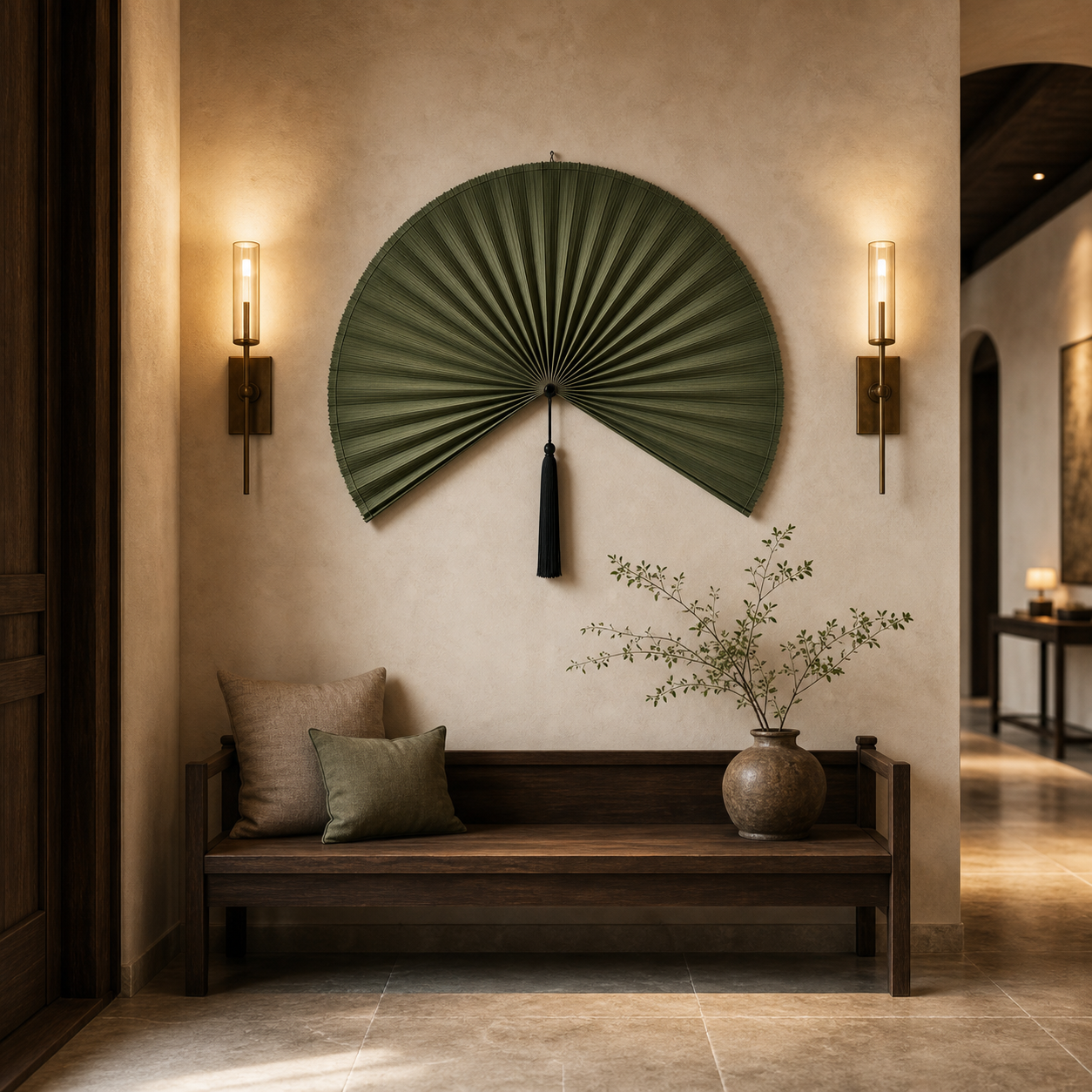 Olive Green Handwoven Bamboo Wall Fan with Black Tassels