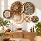 Neutral woven wall basket set displayed in a dining room