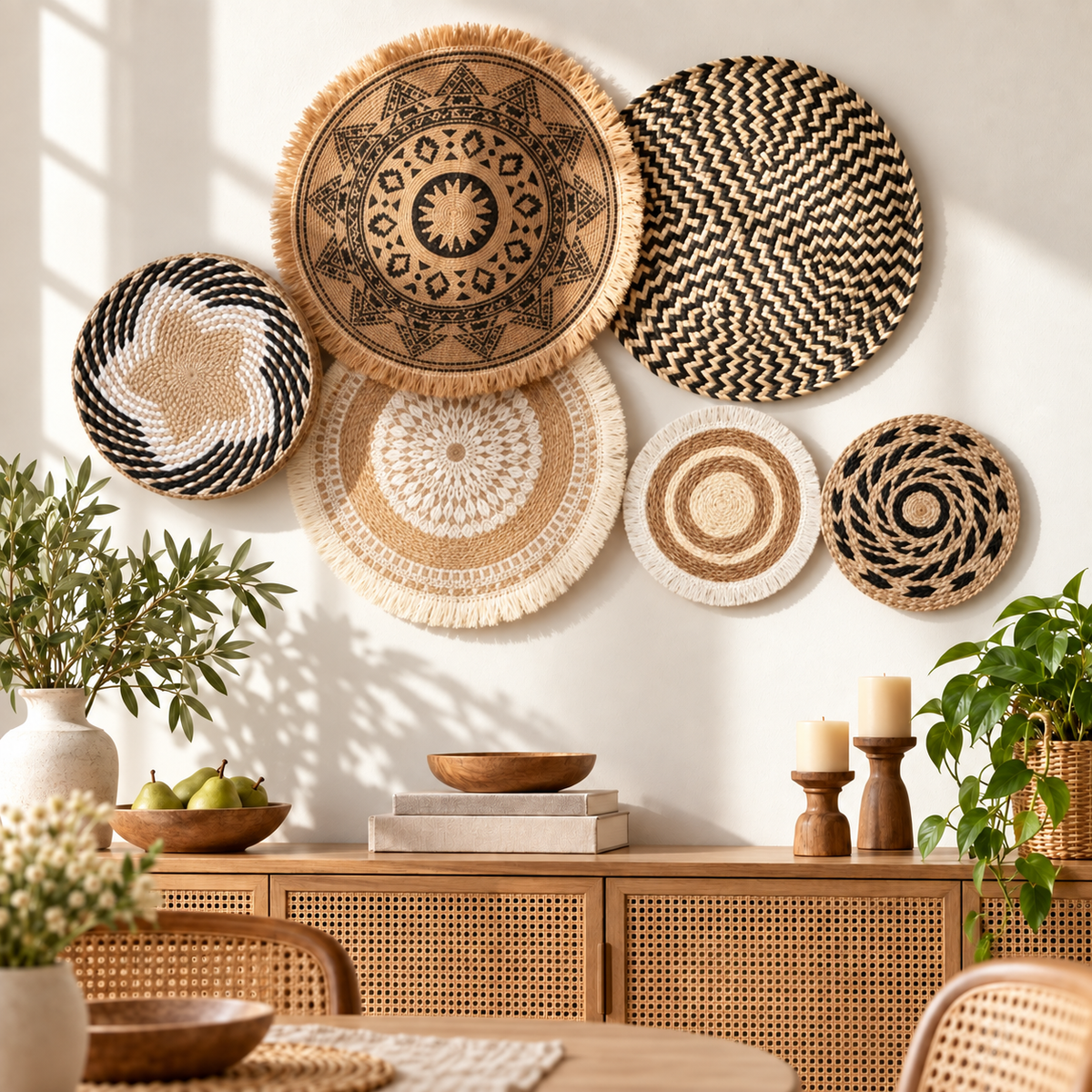 Neutral woven wall basket set displayed in a dining room
