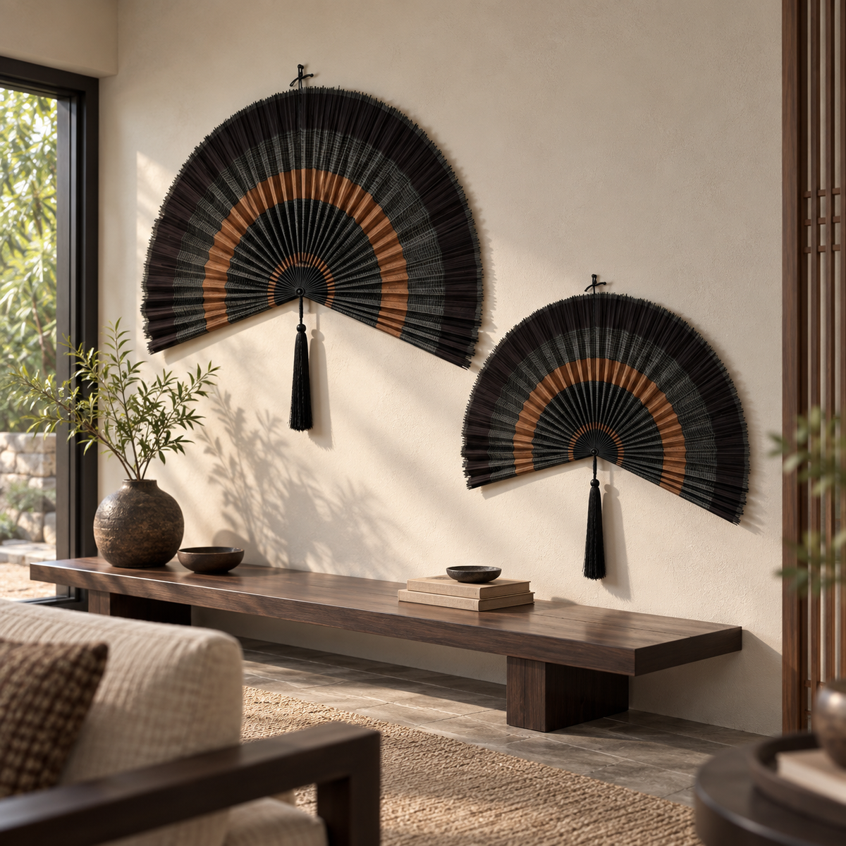 Angled view of black and copper woven fan wall decor