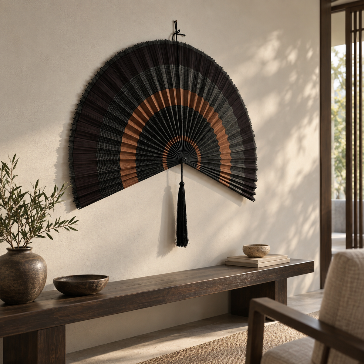 Angled view of black and copper woven fan wall decor