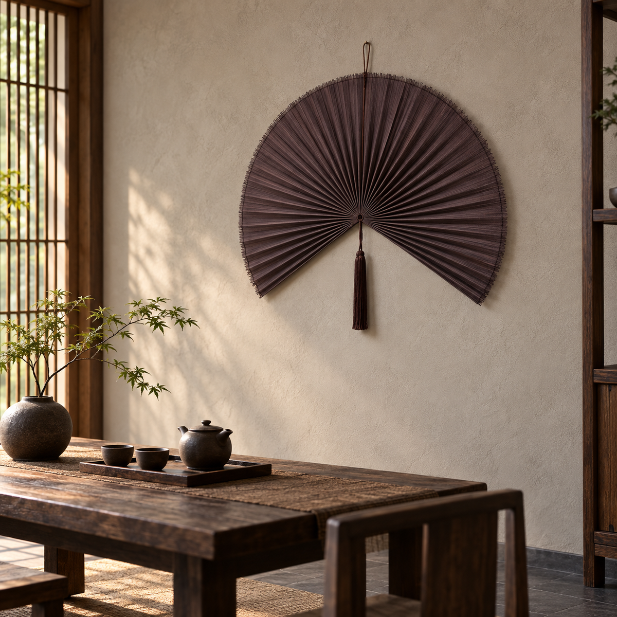 Smoky Plum woven wall fan shown from an angled view
