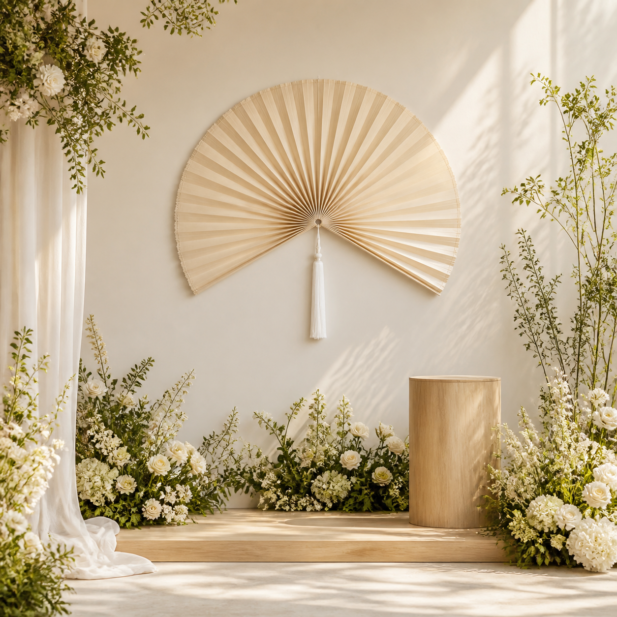 Cream White Handwoven Bamboo Wall Fan with White Tassels