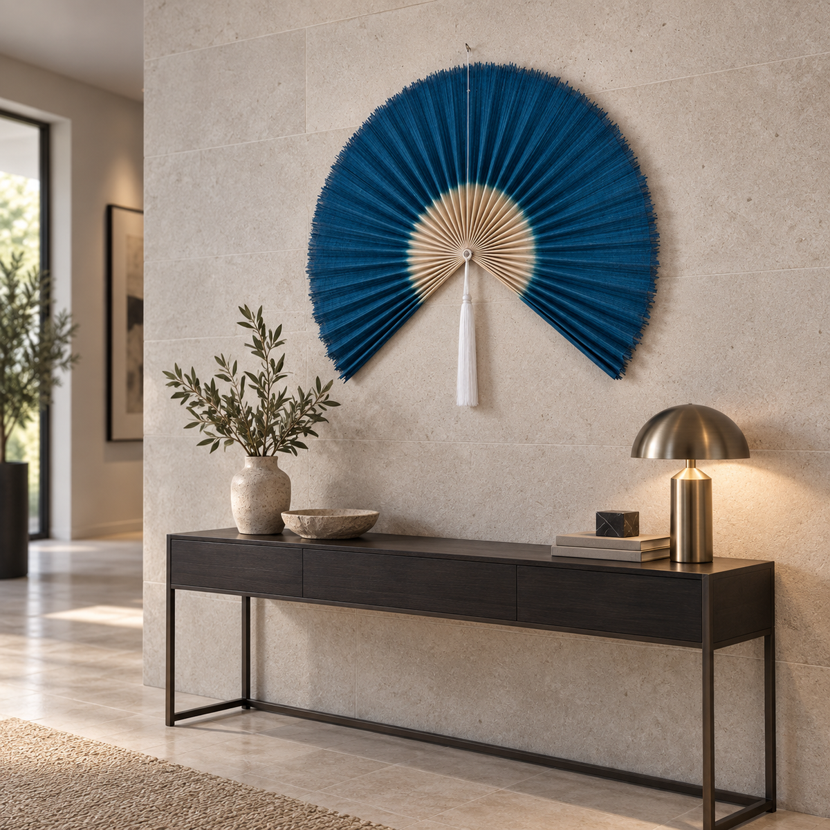 Peacock Blue woven wall fan shown from an angled view