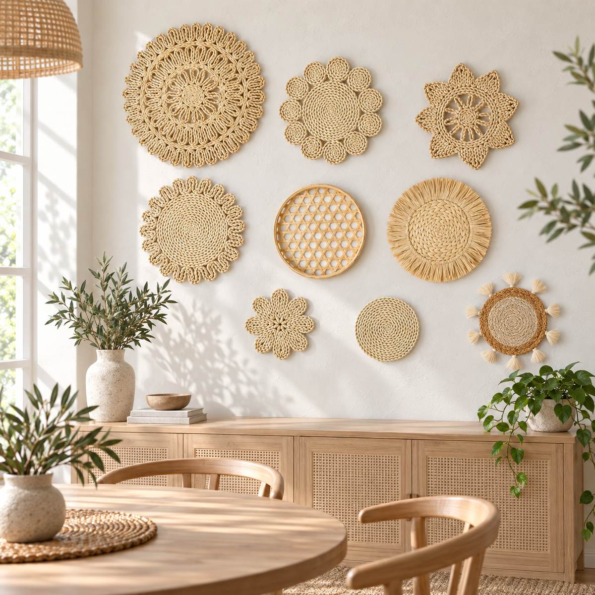 Large woven wall basket set displayed in a dining room