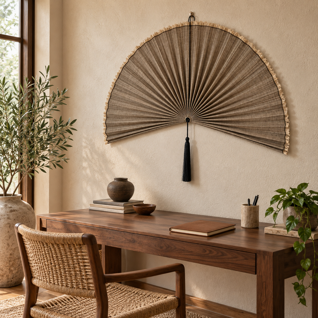 Linen Taupe woven wall fan shown from an angled view