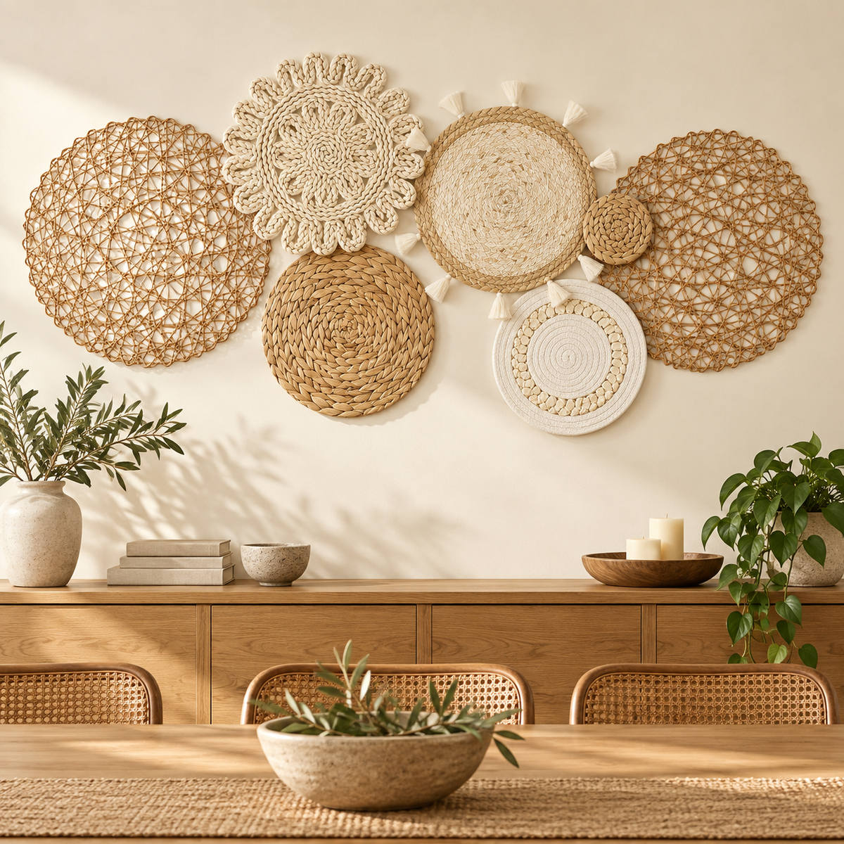 Neutral openwork woven wall basket set in a dining room