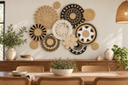 Black white woven wall basket set in a dining room