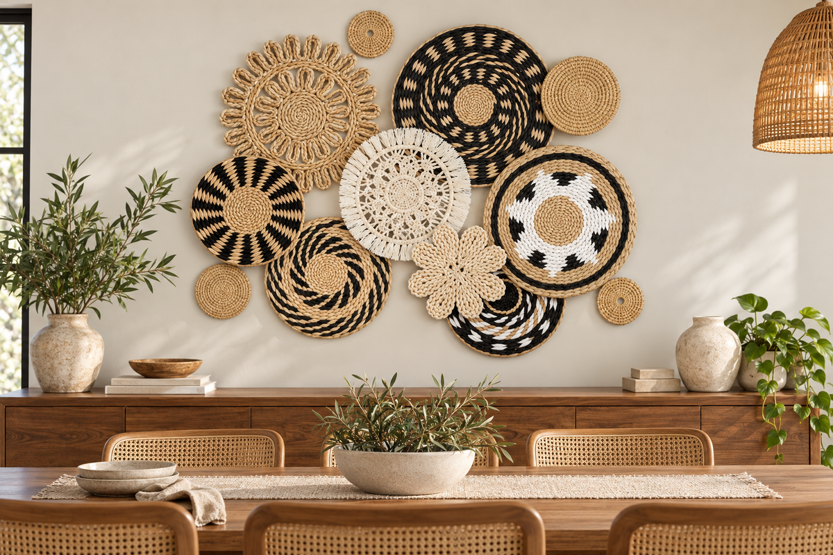 Black white woven wall basket set in a dining room