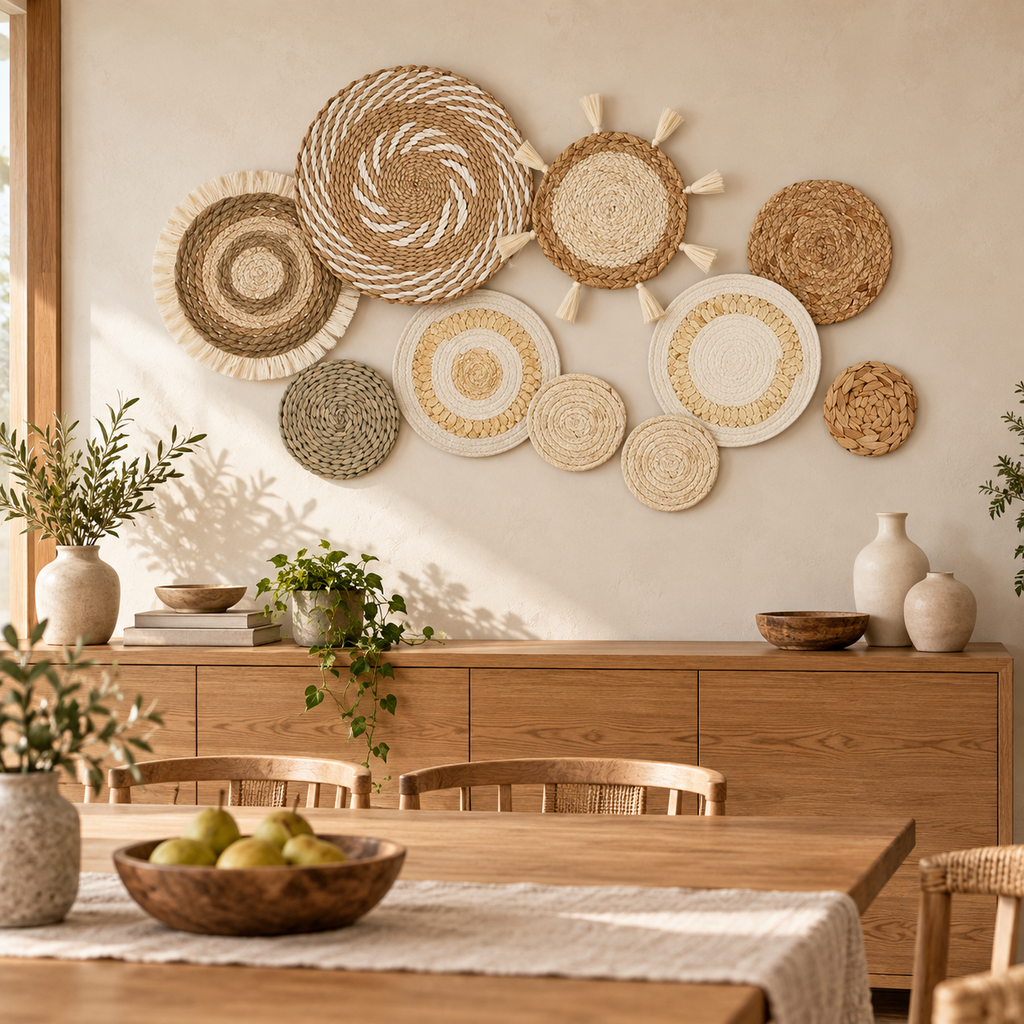 Neutral woven wall basket set displayed in a dining room