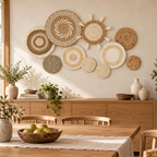 Neutral woven wall basket set displayed in a dining room