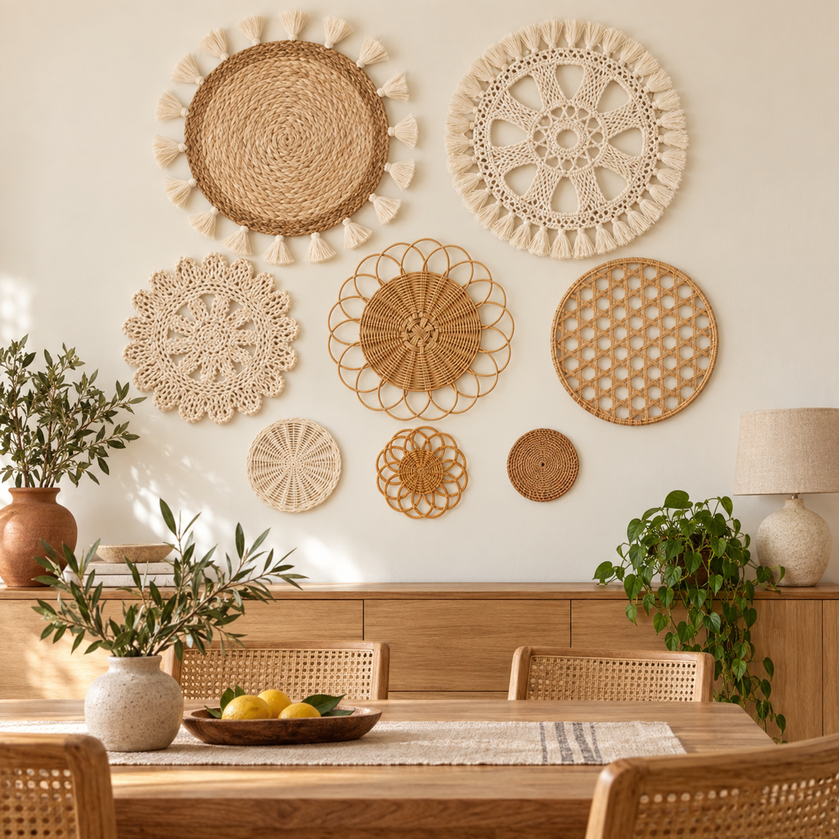 Natural rattan woven wall basket set displayed in a dining room