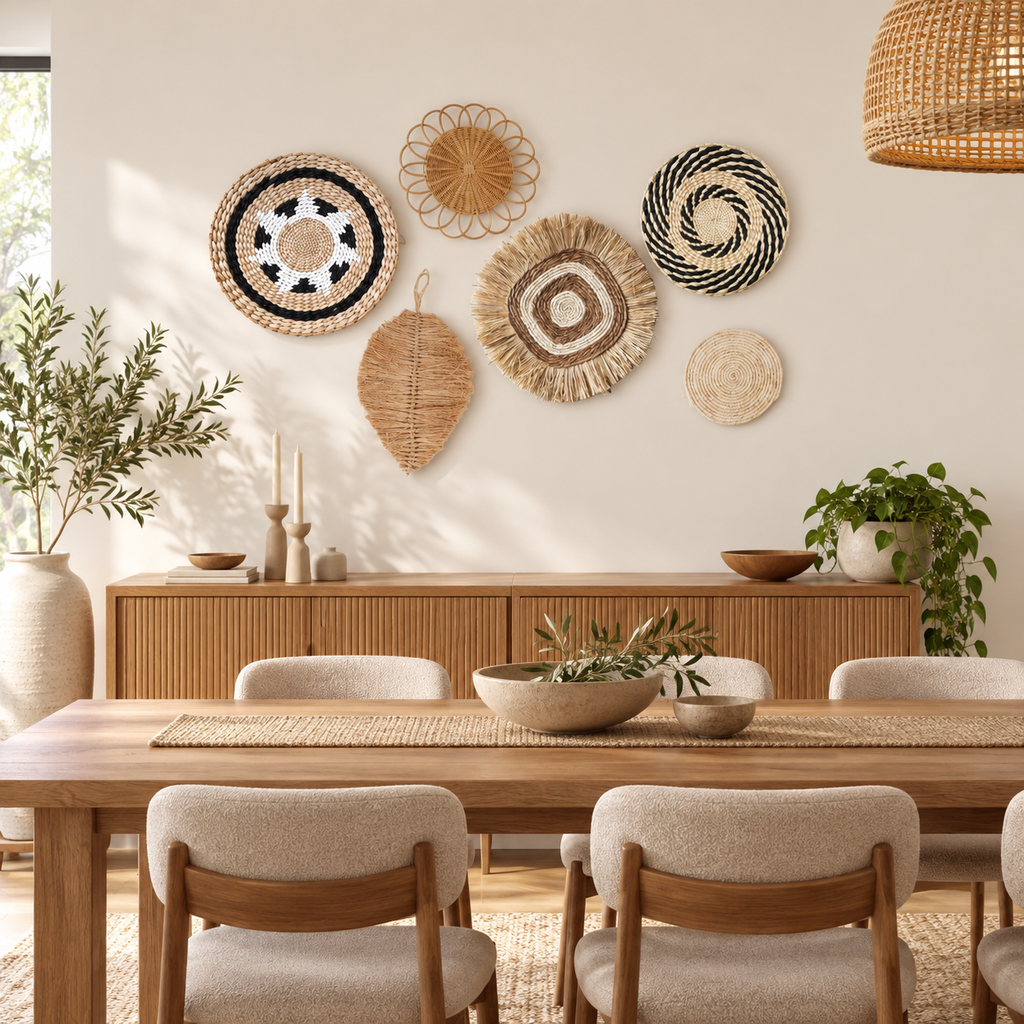 Black white woven wall basket set displayed in a dining room