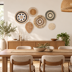 Black white woven wall basket set displayed in a dining room