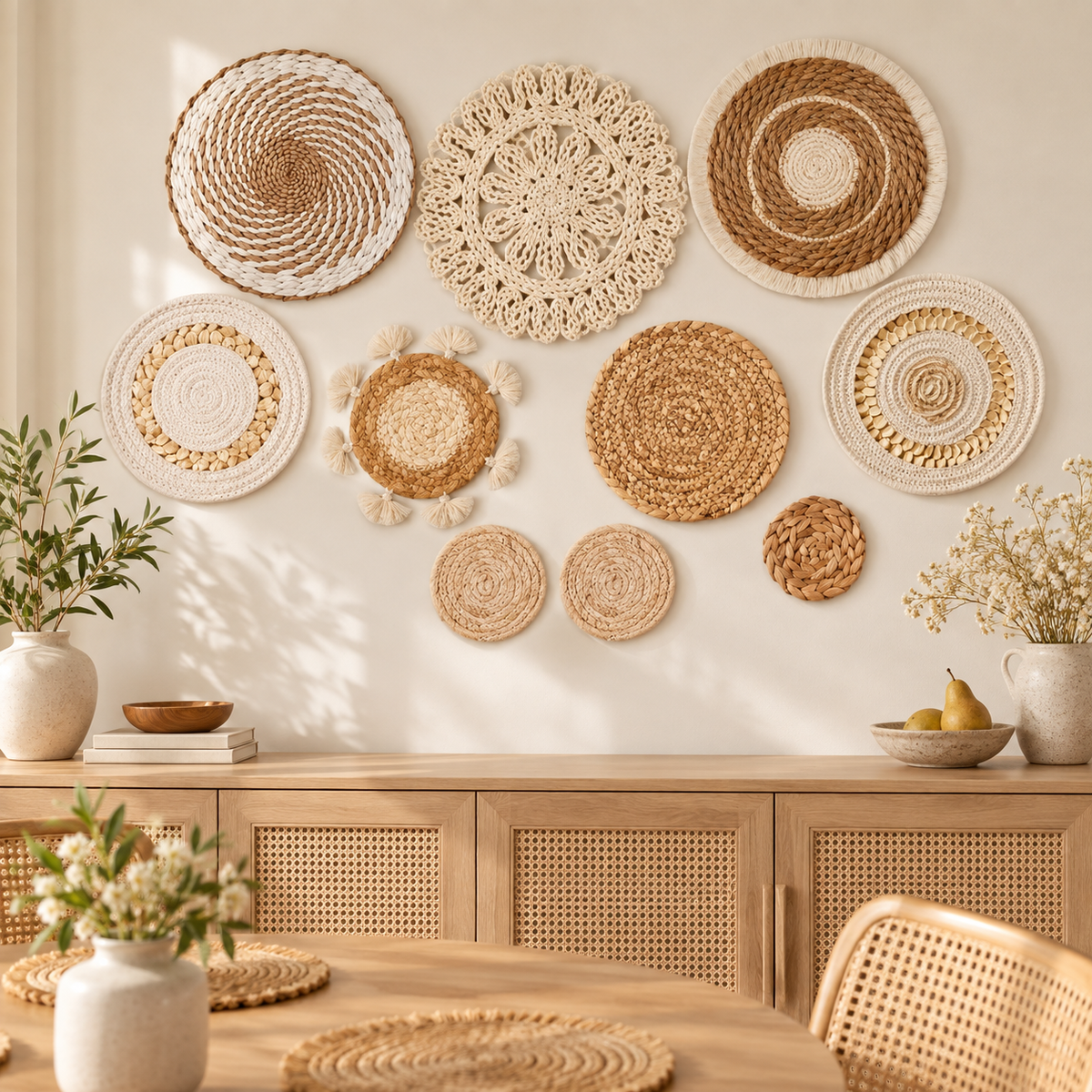 Neutral floral woven wall basket set displayed in a dining room