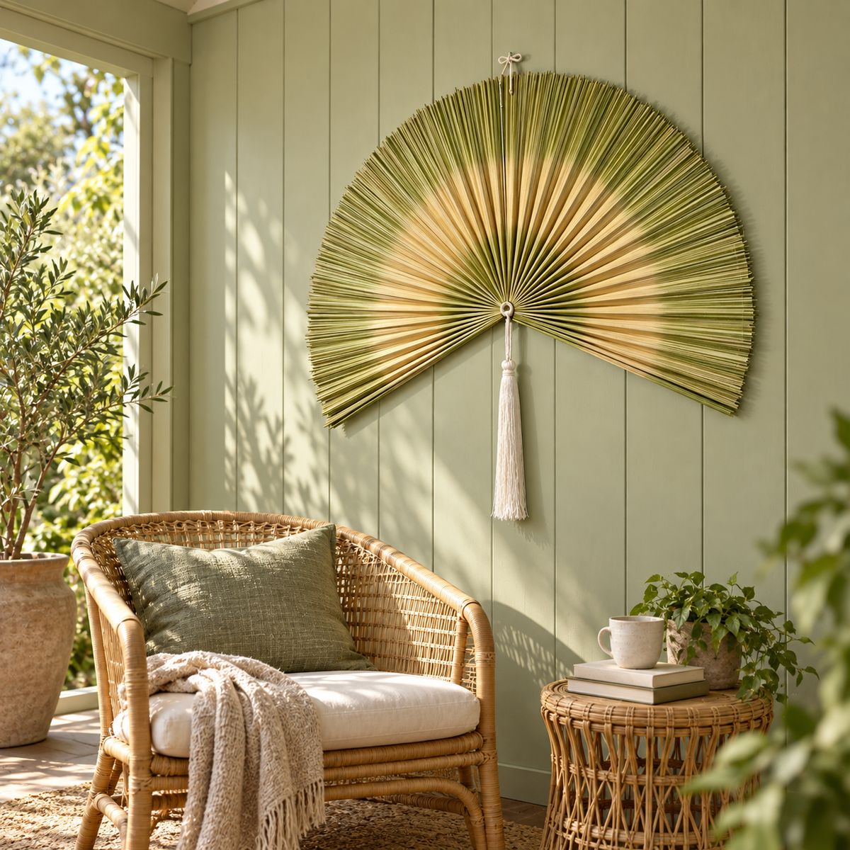 Light Olive Striped woven wall fan shown from an angled view