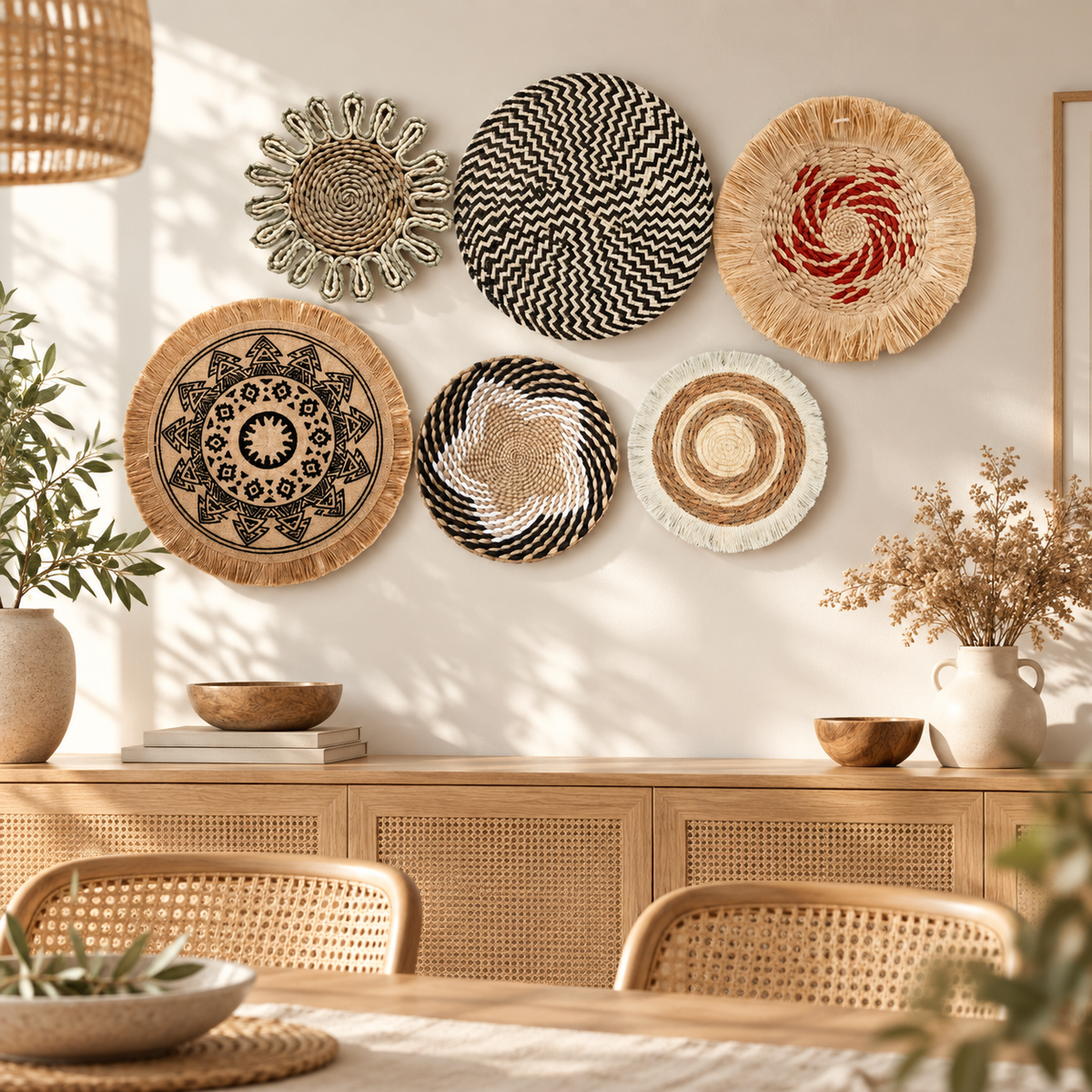 Multicolor woven wall basket set displayed in a dining room