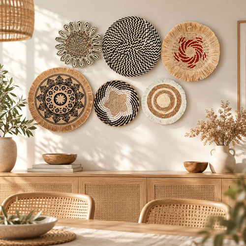 Multicolor woven wall basket set displayed in a dining room