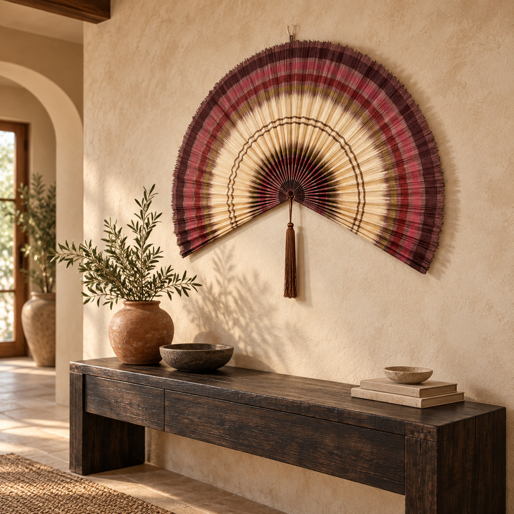 Burgundy & Natural Striped woven wall fan shown from an angled view